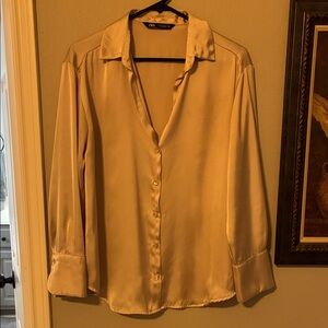 Zara Satin Champagne Blouse Top S EUC